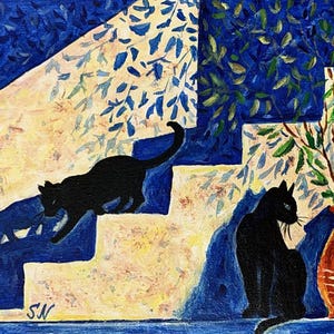 Two Black Cats Abstract Original Painting Wall Art Cat Handmade Ukrainian Artist 9 x 7 Inch Animals Artwork Cat Art