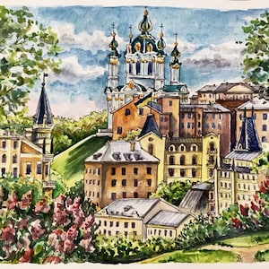 Ukraine Kyiv Spring Original Watercolor Ukrainian Artist Handmade Panorama Kyiv Art Ukrainian 11 x 8 inches