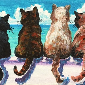 Pintura al óleo original de gatos y mar Arte mural de gatos Artista ucraniano Arte mural de animales de 6 x 4 Obra de arte original Arte de gatos Arte ucraniano en miniatura