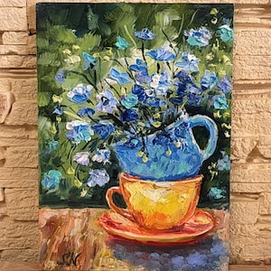 Forget-me-nots in a Cup Original Oil Painting Flowers Wall Art Ukrainian Artist Ukraine Art Ukrainian Seller Painting with Wild Flowers