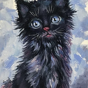 Peinture à l'huile originale chat noir artiste ukrainien peinture animalière miniature 4 x 6 pouces chat art mural cadeau pour un ami
