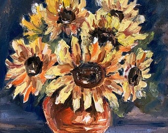 Sunflower Oil Painting  Ukrainian Art  Still Life Floral in Vase 6 x 6"