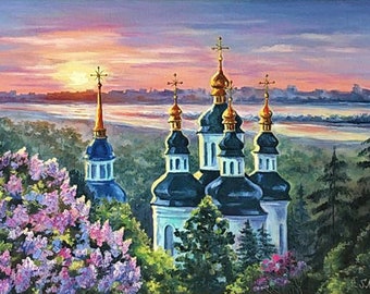 Cattedrali di Kiev Paesaggio Pittura a olio originale fatta a mano dall'artista ucraino Panorama di Kyiv Dawn over the Dnipro Ucraina Art 16 x 12