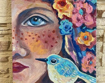 Donna ucraina con un uccello, dipinto a olio originale, arte murale ucraina fatta a mano, 7 x 9 pollici