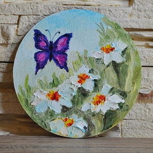 Round Oil Painting Butterfly On Flowers Original Oil Painting Ukrainian Chamomile Seller Art Ukraine Art Round Painting Handmade