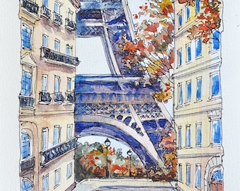 Pintura en acuarela de la Torre Eiffel en París otoñal, obra de arte original.
