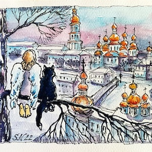 Kyiv Original Watercolor Painting Angel, Cat & Cityscape Ukrainian Art 6 x 8