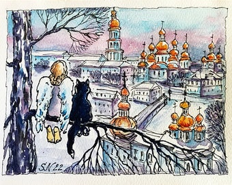 Kyiv Original Watercolor Painting Angel, Cat & Cityscape Ukrainian Art 6 x 8