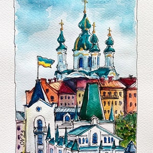 Ukraine Kyiv Landscape Original Watercolor City Art, Ukraine Shops Kyiv Streets Original Painting Ukrainian Seller Ukraine Art