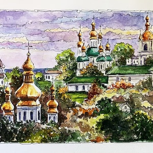 Ukraine Kyiv Kathedralen Original Aquarell Ukrainische Künstler Handarbeit Kyiv Panorama Ukraine Kunst 28 x 21 cm