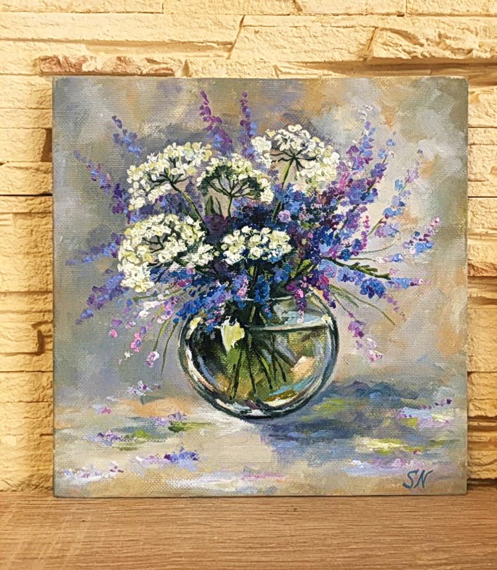 絵画 Oil painting of beautiful flowers. Spring Flowers Oil Painting: Textured Impasto Still Life Art