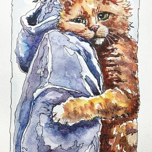 Cat and Mistress Original Watercolor Ukrainian Art Ukraine Painting Shops Ukraine Seller Ukrainian artist Pray for Ukraine  Gift Her