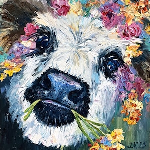 Cow with Ukrainian National Wreath Original Oil Painting Ukraine Artist Wall Decor Animal Painting Handmade Cow Art Original Ukraine Sellers