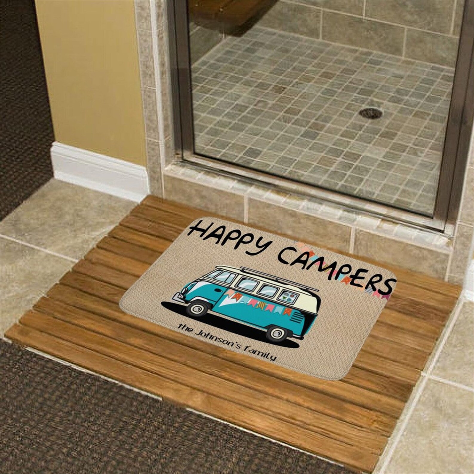 Custom Name Happy Camper Doormat Personalized Logo Camping Rug Etsy