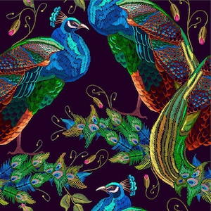 Italian Velvet Peacock Tropical Birds, Digital Print, Upholstery Fabric, Designer Fabric, Home Decor Fabric