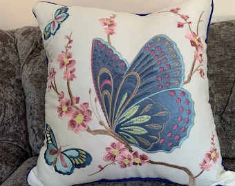 Embroidered Butterfly Flowers White Cotton Cushion Cover with Zip, Home Furnishings Sofa Handmade 45cm