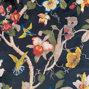 Italian Velvet Fabric Bird Bird Hummingbird Leaves Flowering Blooms, Digital Print, Upholstery Fabric, Designer Fabric, Home Decor Fabric