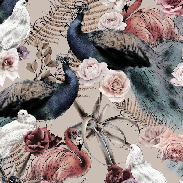 Italiaanse Velvet Flamingo Peacock Roses Flower Digitale Print, Bekledingsstof, Designer Stof, Home Decor Stof