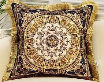 Fringed Velvet 45cm Purple Gold Ornate Print Cushion Cover with Concealed Zip 43cm