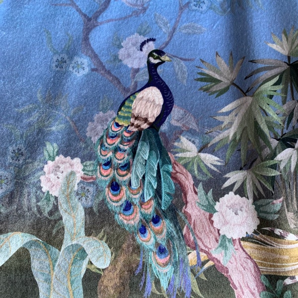 Italian Velvet With Peacock Designs Bird Wings, Digital Print, Fabric Metre, 145cm Width, Cushions Upholstery