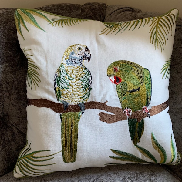 Embroidery Birds Parrot White Cotton Canvas Cushion Cover with Zip Piping Home Furnishings Decorative Tropical pillow Parrot Pillow Covers