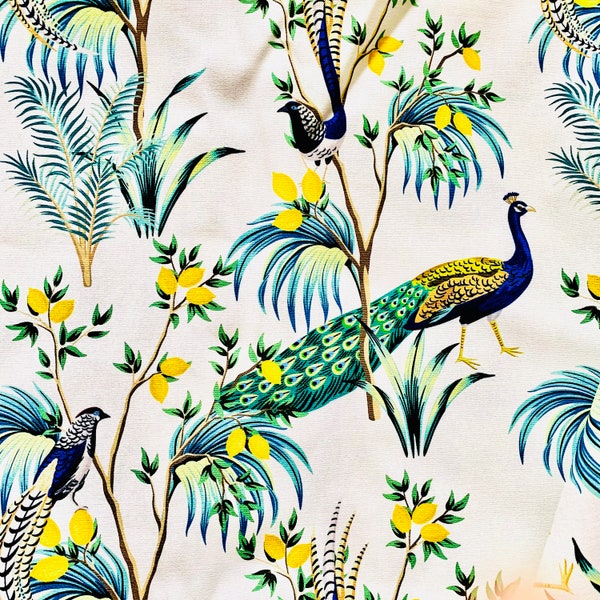 Peacock with Lemons Digital Print Cotton Canvas Fabric by the Metre Yard to make Cushions Upholstery For Home Decor Lampshades