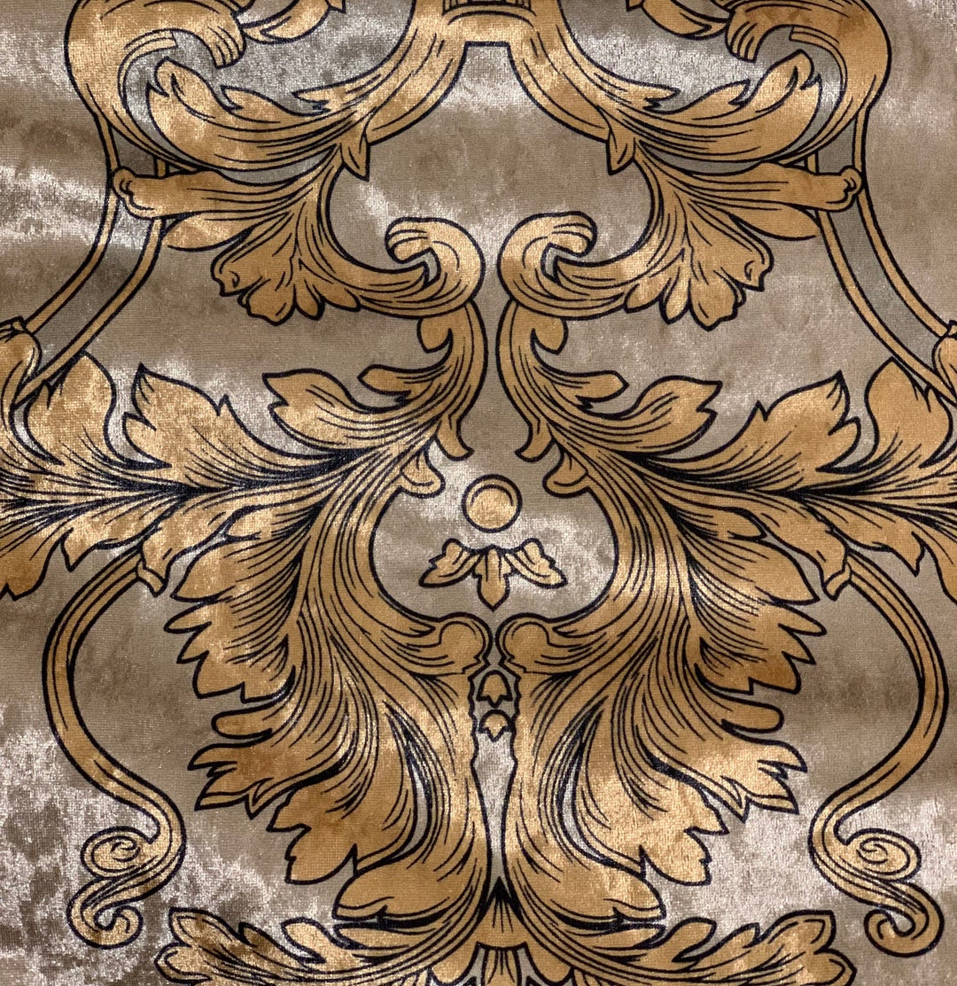 Velvet Fabric Ornate Damask Gold Silver Digital Print, Upholstery Fabric, Designer Fabric, Home