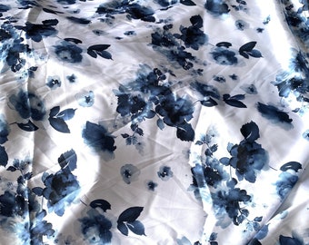 Silky Satin Blue Leaves Digital Print, Fabric by the Metre, For Summer Dresses Shirts Trousers