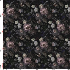 Stampa digitale di rose nere in velluto italiano, giardino fiorito, tessuto per tappezzeria, tessuto di design, tessuto per arredamento
