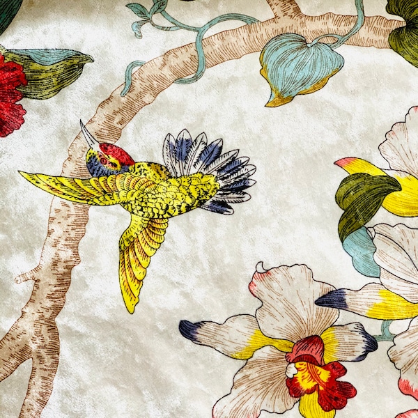 Italian Velvet Fabric Hummingbird Leaves Blooms Digital Print Upholstery Fabric Designer Fabric by the Metre Yard for Home Decor Fabric