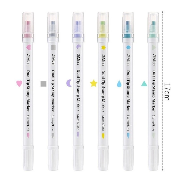 6 Pcs/lot Dual Tip Stamp Marker Pens Set Multi Color Line Highlighter Star  Love Design, Student Hightlights, School and Office Supply 