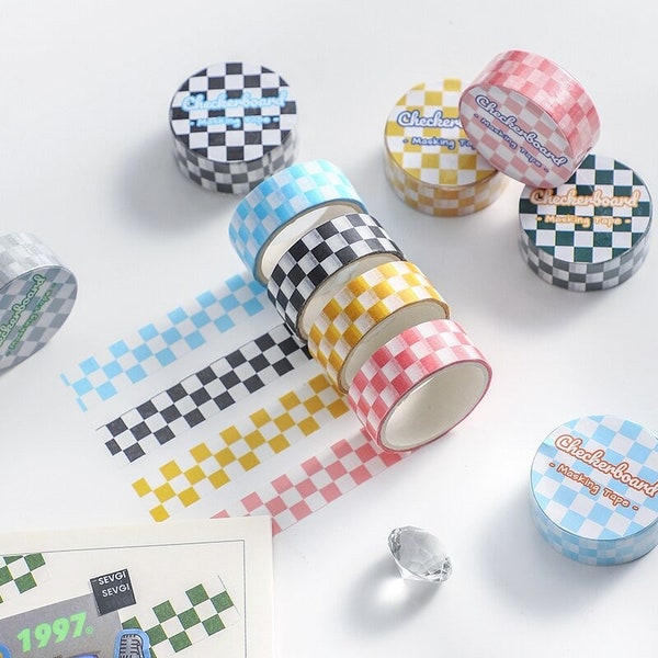 Cinta de enmascaramiento de tablero de ajedrez, cinta Washi de papel a cuadros multicolor de 15 mm // Cinta Washi fresca para envolver, decorar, decoración de diarios