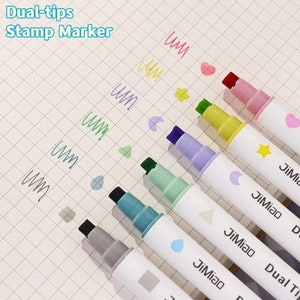 6 Pcs/Lot Dual Tip Stamp Marker Pens Set || Multi Color Line Highlighter Star Love Design, Student Hightlights, School and Office Supply