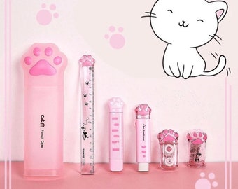 6 pcs Adorable Cat Paw Stationery Set || Kawaii Cat Claw Pen Box, Pencil Sharpener, Correction Tape, Glue, Eraser And Ruler