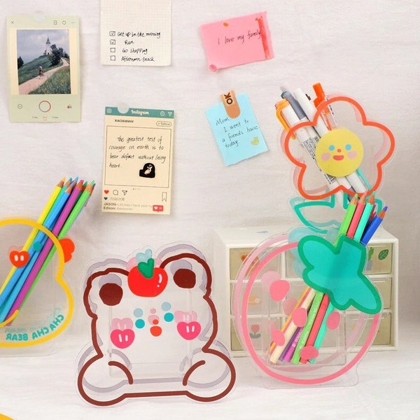 Cute Kawaii Pen Holder For Desk || Acrylic Waterproof Pen Stands, Desk Organiser, Cards Desk Stand, Makeup Brushes Holder