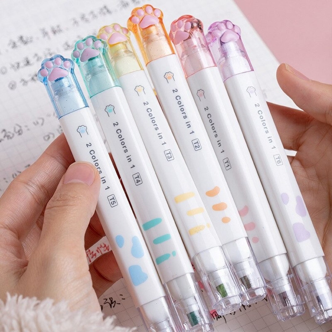 6 Pcs/lot Cute Cat Paw Highlighter Pens Set Dualside Brush 2 Color in