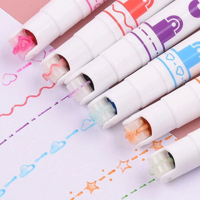 6 Pcs/set Wave Line Art Marker Pens Multi Color Love Star Cloud Point Liner  Highlighter, Student Special Pens 