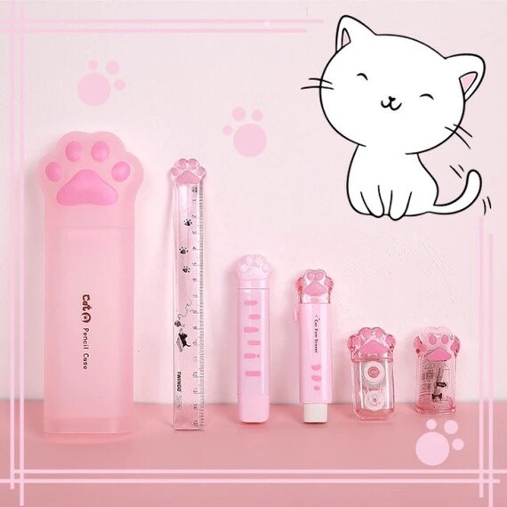 6 Pcs Adorable Cat Paw Stationery Set Kawaii Cat Claw Pen Box