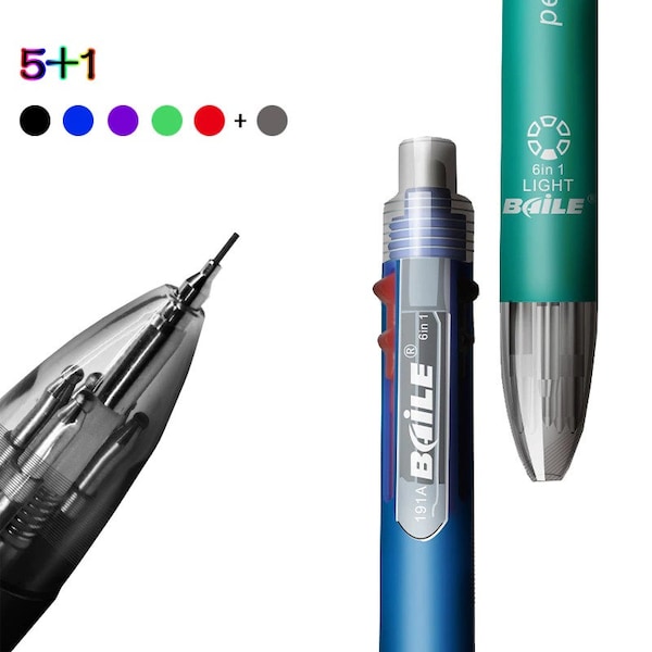 5 Pcs/Lot ~ 6 IN 1 Multifunction Pen With 0.7mm 5 colors Ballpoint Pen Refill and 0.5mm Mechanical Pencil Lead