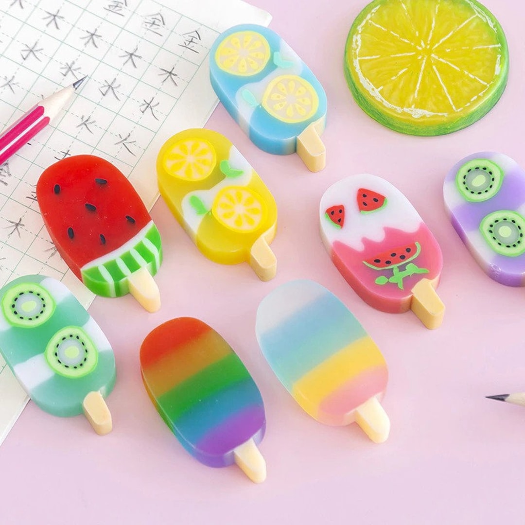 4 Pcs/set Super Cute Kawaii Summer Popsicle Rubber Erasers Novelty Ice