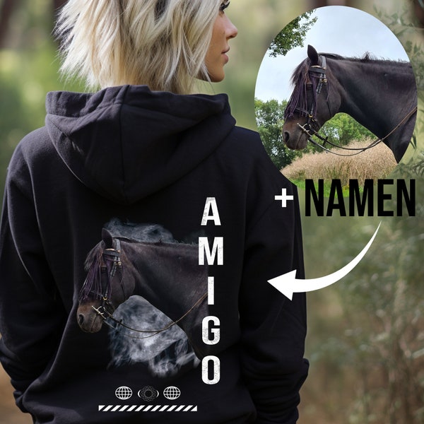 Personalisierter Hoodie mit Pferdefoto und Pferdename, Kapuzenpullover mit Printfoto, Pferde Hoodie, Besonderes Geschenk für Pferdeliebhaber