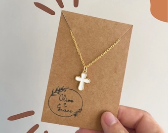 Cross necklace • white enamel gold cross pendant necklace • birthday gift • bridesmaid gift • Mother’s Day gift