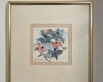 Barbara Hagan Watercolor Signed Blue and Pink Florals Professionally Framed Art