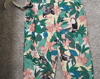 Carol anderson California jumpsuit 1980s jungle Toucan rayon Pockets L 13/14