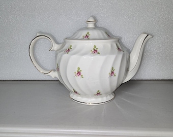 vintage Windsor bone china teapot Swirl pink rose pattern gold Trim 5 Cup 4381