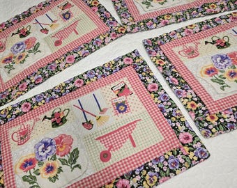 Handmade Fabric Placemats Garden Pocket Pansy Cotton Set Of 4 Grannycore Mother
