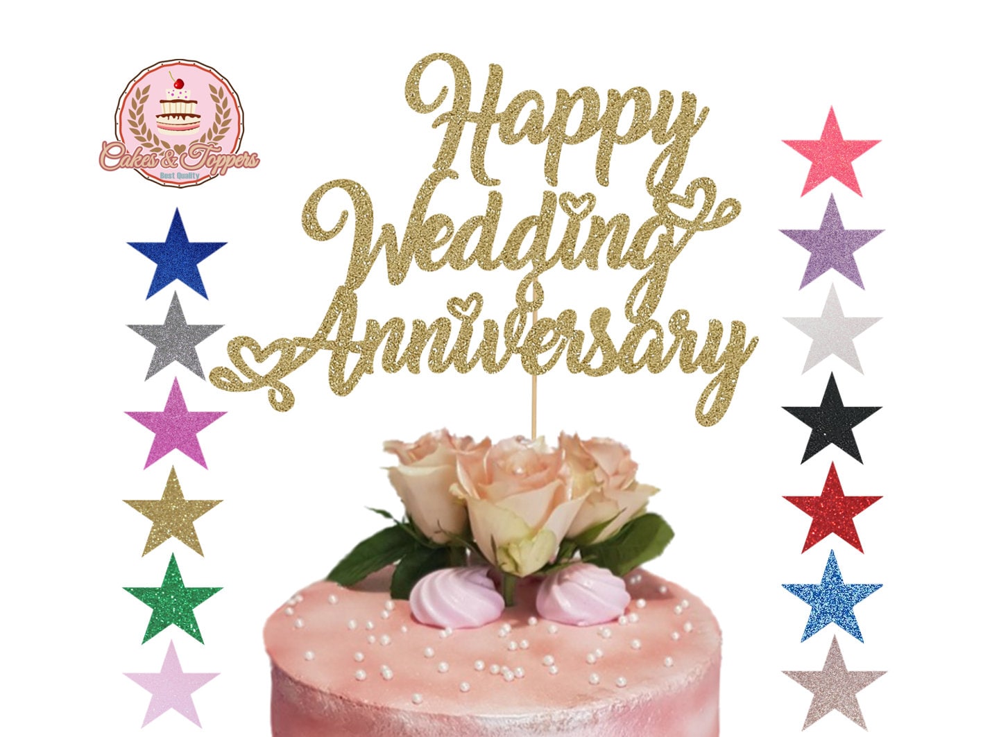 Happy Wedding Anniversary Cake Topper Glitter Topper Romantic Etsy