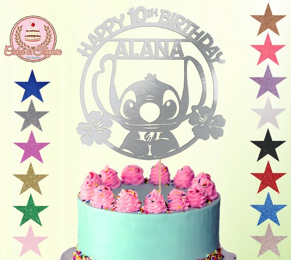 Stitch & Angel Custom Cake Topper | Name & Age | Glitter Mirror Card, Birthday