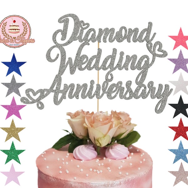 Diamond Wedding Anniversary Glitter Cake Topper 60th Wedding Romantic Hearts