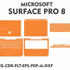 May include: A digital template for a Microsoft Surface Pro 8 laptop skin. The template includes the laptop screen, keyboard, and trackpad. The template is in orange.